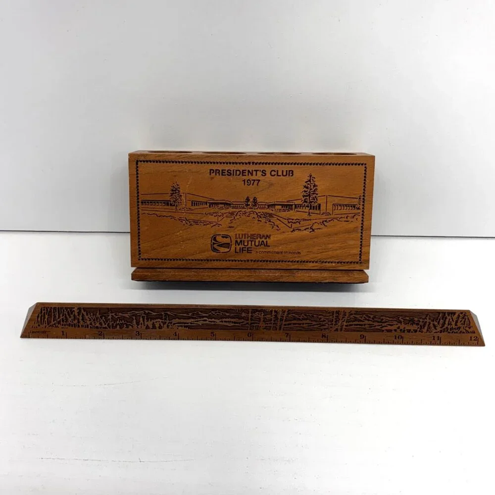 Vintage 1977 Walnut Lasercraft Pencil Holder President's Club & Ruler Landscape